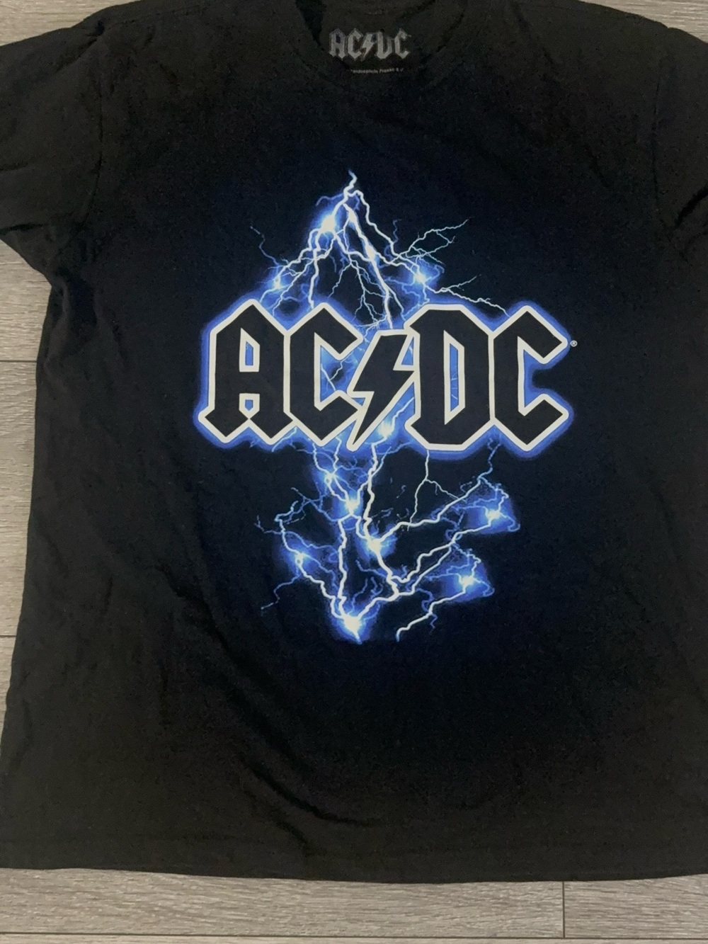 AC/DC Black Tee with Electric Blue Lightning Graphic